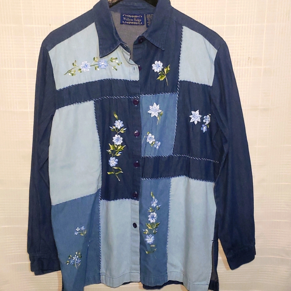 Country Blue Denim Womens patchwork,With  needlepoint Button Down Blouse.